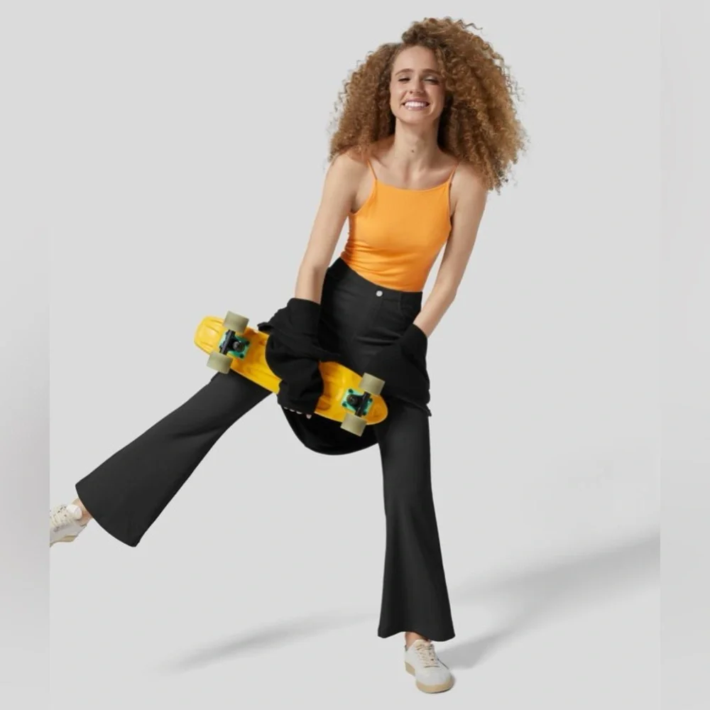 Halara Black Ribbed Mid Rise Multiple Pockets Solid Casual‎ Flare Pants | NEW!!